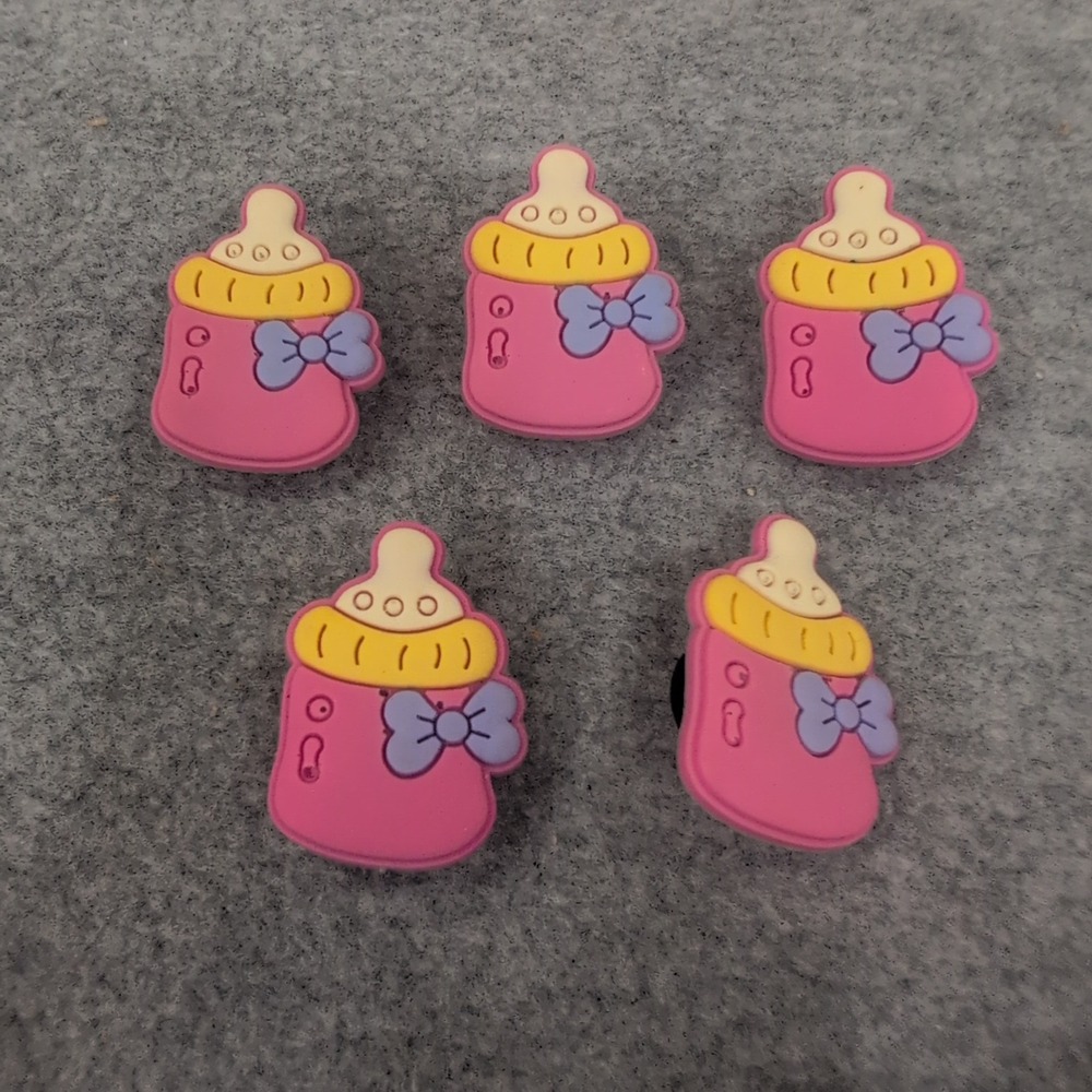 5pc Pink Baby Bottle Shoe Charms for Clogs PVC Rubber Accessories Purple Bow - Picture 1 of 1